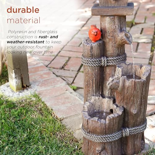 Alpine Corporation 35" Tall Outdoor 3-Tier Birdhouse Water Fountain with Cardinal Accent, Rustic Floor Decor for Garden and Patio, Brown - style: 3- Tiered Log & Branch