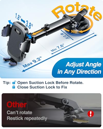 YRU True Military-Grade 360°Rotation Suction 2026 Ultimate Car Phone Holder - color: Matt Black