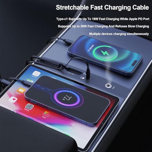 Car USB Hub with Smart Aromatic System Hub Charger for Tesla Model 3 2021-2023 / Model Y 2021-2025 Multifunctional Tesla Accessories with Retractable Fast Charging line