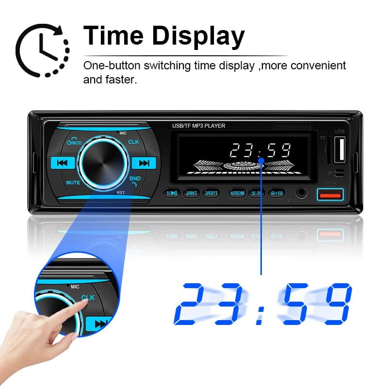1 DIN Car Stereo Bluetooth Audio Receiver - FM Radio MP3 Player with Hands-Free Calling, Wireless Music Streaming, Fast Charging, USB/TF/AUX Port, 7-Color Backlight, Clock Display, Remote Control