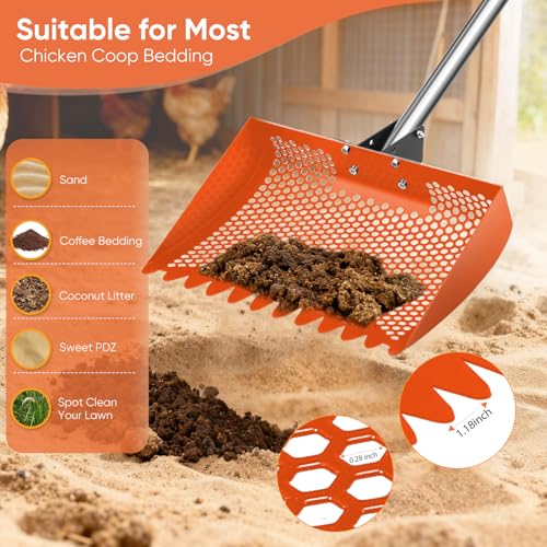 12inch Chicken Poop Scooper & Rake 2-in-1, Heavy Duty Metal Chicken Coop Scoop for Sand with Ergonomic Grip, Adjustable Angle Stainless Steel Chicken Coop Rake Sifting Shovel (37-64"),Orange - color: Orange
