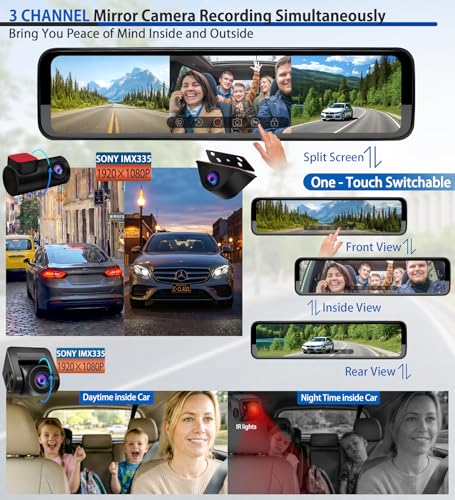 Rear View Mirror Dash Cam 3 Channel: 12" Rearview Dashcam with Detached 360° Front,Infrared Inside,Waterproof Backup Camera - GPS Loop Record Parking Monitoring for Car Truck RV Uber Driver