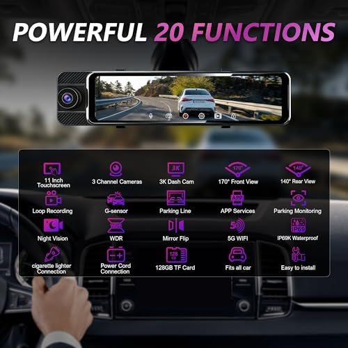 3 Channel Mirror Dash Cam with Front 3K, Cabin & Rear 1080P, 11" Rear View Mirror Camera with WiFi/Night Vision/G-Sensor/Parking Monitor/Reverse Assist /128GB, Backup Camera for Cars/Trucks