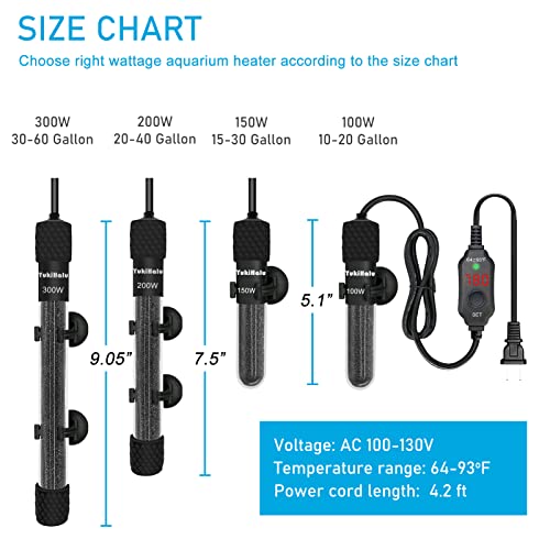 YukiHalu Small Submersible Aquarium Heater, Adjustable Mini Fish Tank Heater 25W 50W 100W 200W 300W with External Temperature Controller, LED Display, Used for 5/10/20/40/60 Gallons (300 Watt) - size: 300 Watts