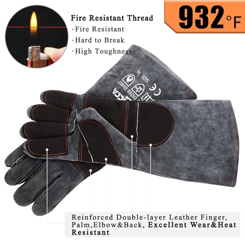 RAPICCA Fireplace Fire Pit Gloves, 932°F Fireproof Leather, 16in Dark Grey | For Wood Stove, Campfire, Charcoal, Cast Iron, BBQ Grill, Oven, Stick & MIG Welding, Forge, Dry Ice - color: Dark-grey(length 16in)