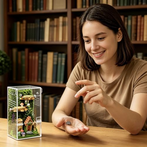 Jumping Spider Enclosure Starter Kit,Escape Proof Reptile Terrarium | Praying Mantis Terrariums,Transparent Acrylic Complete Bug Habitat,All In One Arboreal Tarantula Cribs Cage,Insect Container - size: Small