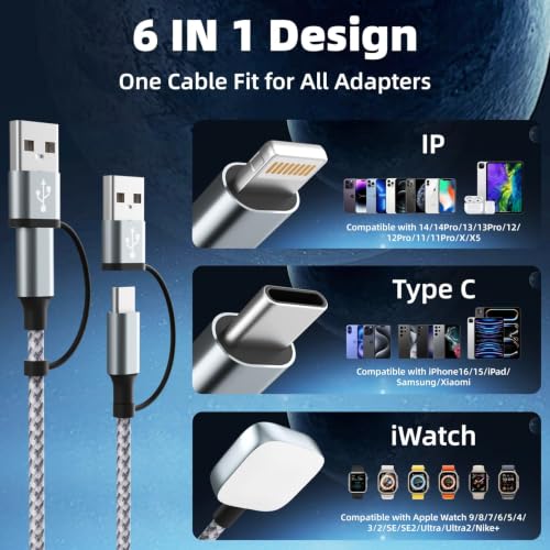 Travel Essentials 3 in 2 Multi Charging Cable for iWatch Charger/iPhone17-8 - color: Greywhite, size: 1Pack 5FT