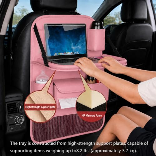 2 Pack Leather Car Backseat Organizer with Foldable Table Tray, Universal Car Seat Back Protector Kick Mat with Touchscreen Tablet Holder, Storage Pockets, Cup Holders & Tissue Holder, Pink - color: Pink