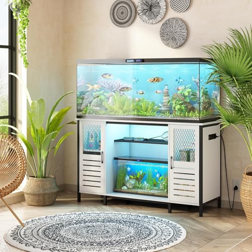 BREEZEHEAT 55-75 Gallon Fish Tank Stand with Power Outlets, LED Light, Adjustable Shelves, Heavy Duty Aquarium Stand with Cabinet, Terrarium stand Suitable for Turtle & Reptile Tank, 1250LBS, White