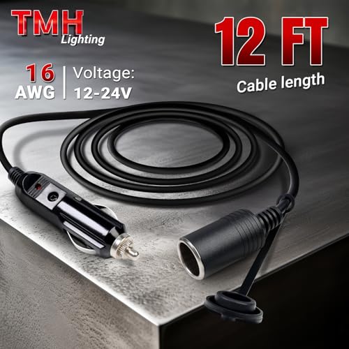 TMH 12FT Cigarette Lighter Extension Cord – 16AWG Heavy Duty 12V/24V DC Power Cable, Male to Female Socket Adapter for Car, Truck, RV, Boat - size: 16 AWG - 12 FT