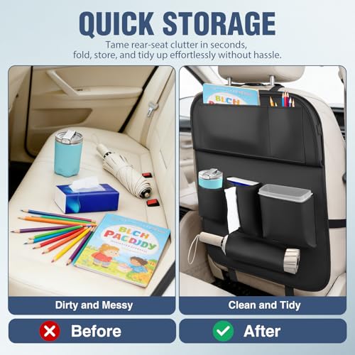 Nilight Car Seatback Organizer 1PC Black PU Leather Universal - color: Black Leather w/Tray and Bucket-1 Pc Long Size