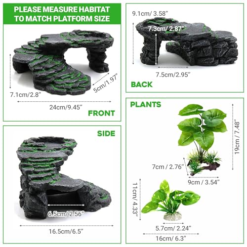 GOZILLA Turtle Basking Platform Kit, Reptile Habitat Hideout, Decorative Resin for Aquarium & Terrarium, Including Artificial Plant*2.(Black-M-Kit)