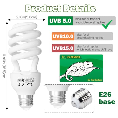 UVB Reptile Light 5.0: 26W Tropical & Subtropical UVA UVB Reptile Light Bulb, UVB Light for Reptiles Compact Fluorescent Terrarium Lamp,UVB Bulb for Chameleon Turtle Gecko Include UV Sensor Card - size: 6.5INCH-5.0