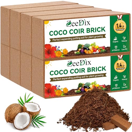 ZeeDix 8 Pack Coco Coir Brick (11.2lbs), 100% Organic Coconut Coir for Garden Soil & Potting Mix, Low EC and pH Balance, Compressed Coconut Husk Fiber for Seed Starter Soil for Indoor Outdoor Plants - size: 8pcs