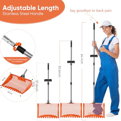 12inch Chicken Poop Scooper & Rake 2-in-1, Heavy Duty Metal Chicken Coop Scoop for Sand with Ergonomic Grip, Adjustable Angle Stainless Steel Chicken Coop Rake Sifting Shovel (37-64"),Orange - color: Orange