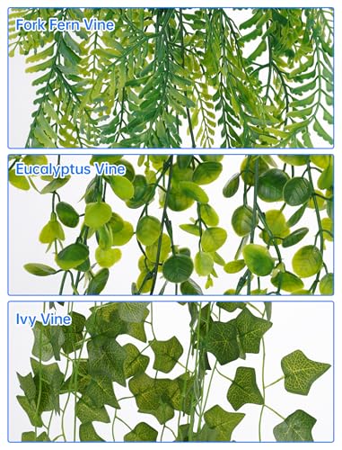 NiHome 8-Pack Artificial Hanging Plants, Fake Plant Hanger Indoor Outdoor Decor with 6 Ivy 1 Eucalyptus 1 Fork Fern Vines, Water-Resistant Faux Hanging Plant for Ceiling Wall Patio Garden Home Decor