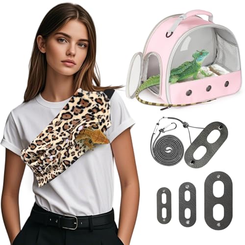 Portable Bearded Dragon Carrier with Leash and Harness Set, Beardie Carrier, Lizard Adjustable Harness with Leather Wings and Sling Bag, Reptile Small Pet Travel Cage - color: Pink