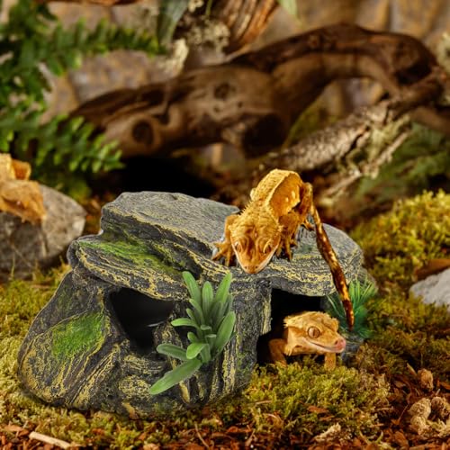 Reptile Rock Hide Cave, Aquarium Small Terrarium Hideouts Turtle Resin Habitat Basking Platform Lizard Hiding Hideaway Shelter Spiders Frog Amphibians Bearded Dragon Tank Snakes Tortoise Betta Shrimp