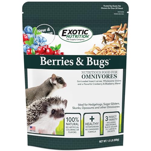 Berries & Bugs 1.5 lb - All Natural High Protein High Fiber Food for Hedgehogs, Skunks, Opossums, Sugar Gliders - Universal Insectivore Diet with Fruit, Gut-Loaded Insects, & Healthy Vitamins - size: 1.5 Pound (Pack of 1)