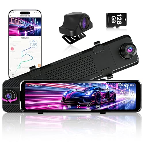 3 Channel Mirror Dash Cam with Front 3K, Cabin & Rear 1080P, 11" Rear View Mirror Camera with WiFi/Night Vision/G-Sensor/Parking Monitor/Reverse Assist /128GB, Backup Camera for Cars/Trucks
