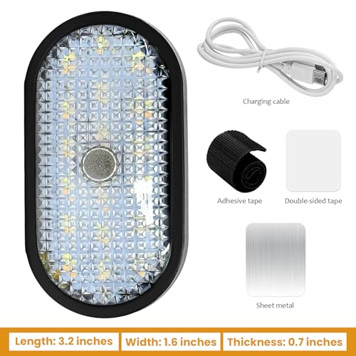 Car LED Dome Lights, 5V Wireless Bright Vehicle Roof Light Trunk Lamp with Cable, USB Rechargeable Lamp Battery Powered Ceiling Light for Most Vehicles, Car Accessories