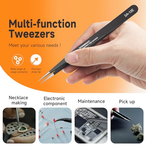 TOWOT Precision Tweezers, Anti-static Stainless Steel Pointed Tweezers for Crafts, Electronics, Soldering, Welding, Experimental Work, and Jewelry Making Industrial Tweezers - style: Flat and Round Tip(120mm)