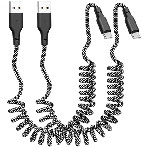 Coiled Carplay Car Charger Fast Charging, USB A to USB C Cable 2 Pack - color: Grey