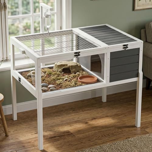 Wooden Tortoise Habitat Indoor Outdoor, 2-Story Tortoise House with Balcony & Storage Shelf, Large Turtle Enclosure Reptile Cage for Small Animals, Weatherproof Design, Gray
