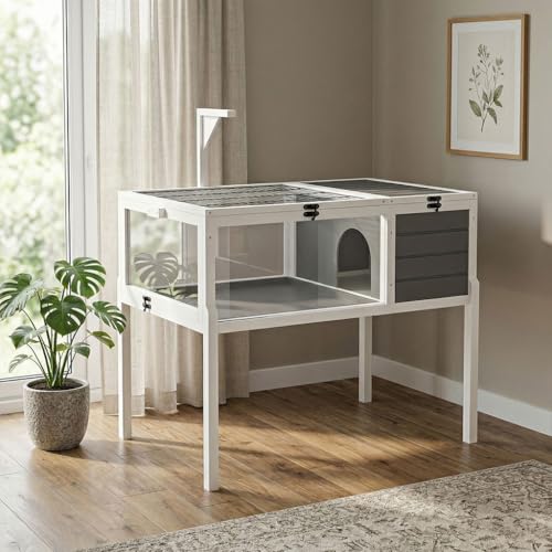 Wooden Tortoise Habitat Indoor Outdoor, 2-Story Tortoise House with Balcony & Storage Shelf, Large Turtle Enclosure Reptile Cage for Small Animals, Weatherproof Design, Gray