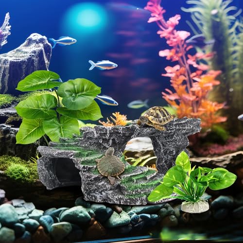 GOZILLA Turtle Basking Platform Kit, Reptile Habitat Hideout, Decorative Resin for Aquarium & Terrarium, Including Artificial Plant*2.(Black-M-Kit)