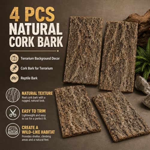RHBLME 4 Pack Cork Bark, 11.8" L x 7.8" W Cork Bark for Reptiles, Cork Bark for Terrarium, Reptile Tank Background Terrarium Backdrop Wall Decor Natural Reptile Climbing Mat