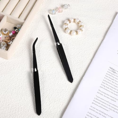 Reverse Tweezers for Crafting, 2 Pcs Rubber Tipped Tweezers Stainless Steel PVC Coated Bent and Straight Flat Tip Cross Locking Precision Tweezer Set for Crafts Jewelry Beads Coins Electronic (Black)