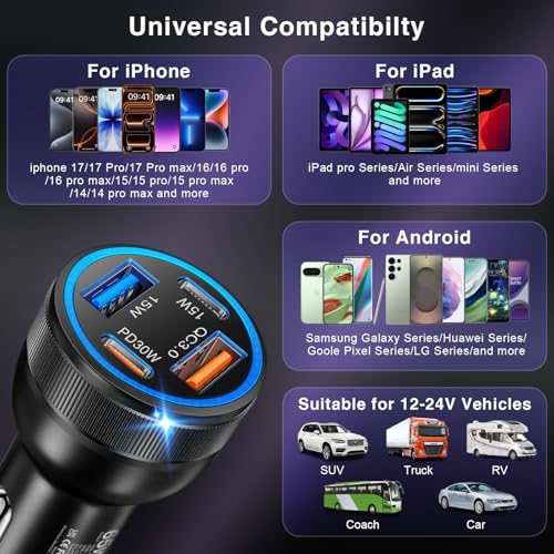 USB C Car Charger, 3Pack 65W 4-Port Dual USBC & USB-A Car Charger Adapter - color: 3-Pack Black