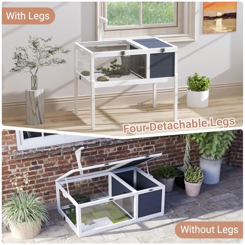 Yafylly Wooden Tortoise Habitat Indoor, Large Tortoise Habitat Enclosure with Detachable Legs, 2 Leak-Proof Trays, Lamp Holder, Indoor Turtles Habitats, Tortoises House Outdoor