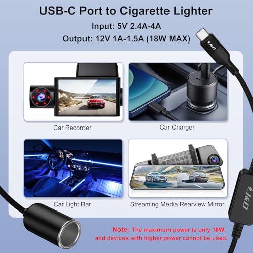 J&D USB C Male to 12V Car Cigarette Lighter Socket Female Converter Cable, 12V 18W Power Cable for Dash Cam, GPS, Car LED Light Strips, Black, 5 ft - color: Black, size: 5 ft