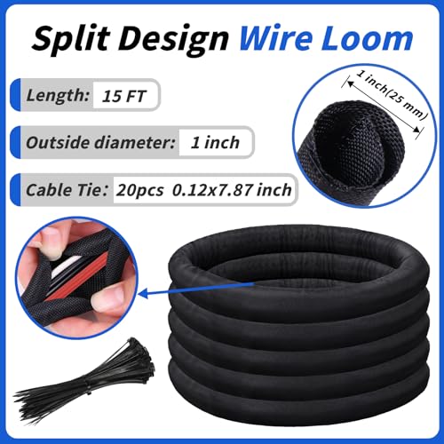 15ft - 1in Split Braided Sleeve Cable Management, Self-Wrapping - size: 1inx15ft