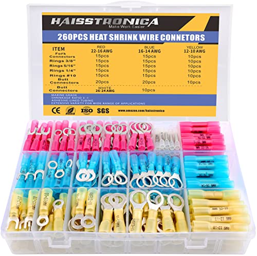 haisstronica 260PCS Heat Shrink Wire Connectors, 26-10 AWG, 4Colors/19Sizes