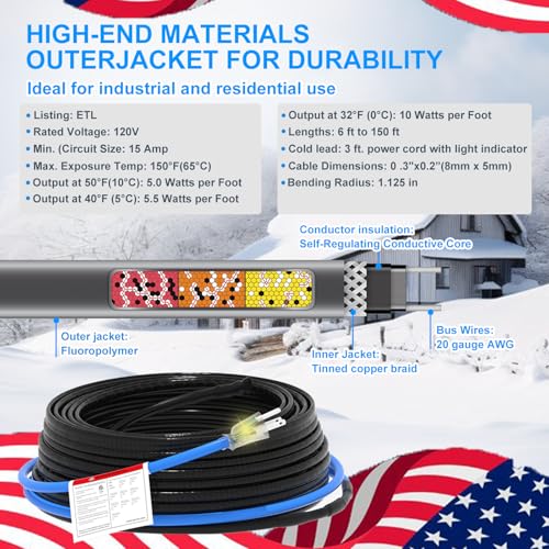 Sewage Pipe Heating Cable 50 FT 120V Self-Regulating for Freeze Protection in Wastewater Systems, Sump Pumps and Roof De-Icing with Fluoropolymer Corrosion-Proof Technology - style: 50FT