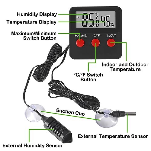 Reptile Thermometer and Humidity Gauge with Probes and Suction Cup Reptile Terrarium Thermometer Hygrometer Digital Display Indoor Outdoor Aquarium Thermometer