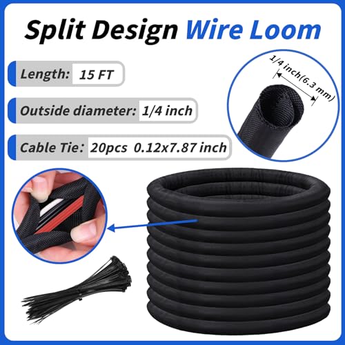15ft - 1/4in Split Braided Sleeve Cable Management, Self-Wrapping - size: 1/4inx15ft