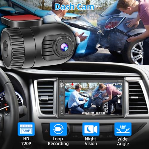 Double Din Car Stereo with Dash Cam - Voice Control Carplay, Android Auto, Steering Wheel Controls, 7" HD Touchscreen, Backup Camera, Bluetooth, Mirror Link, Subw, USB/TF/AUX, AM/FM Radio Receiver