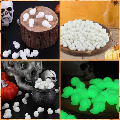 CCINEE 100Pcs Glow in The Dark Mini Skull Heads Miniature Figurines - Plastic Halloween Decorations for DIY Crafts, Home Prank Props, Party Favors