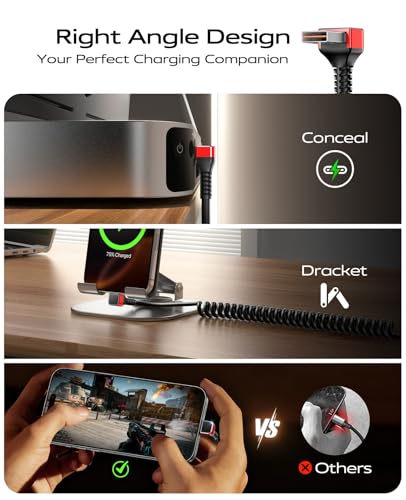90 Degree USB A to USB C Cable, Coiled, 3FT&6FT USB C Cable for Car-Red - color: Red, size: 3FT+6FT