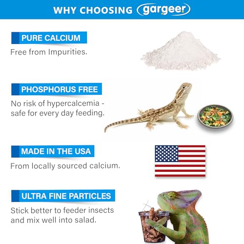 Gargeer 4oz All Reptile Calcium Powder with Vitamin D3, Phosphorus-Free, Ultrafine Powder, Pure Dust & Ready to Use for All Reptiles, Lizards & Amphibians Supplement. Made in the USA. Enjoy !