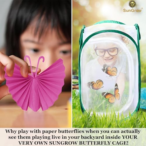SunGrow Foldable Butterfly Habitat, 24" Butterfly Cage for Caterpillars, Create Farm, Enclosure for Breeding Soldier Fly, Ladybug, Dragonfly, or Housefly for Chicken and Reptile Feed, Green