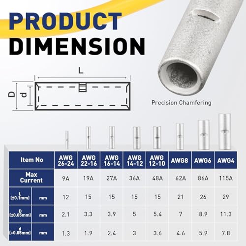 haisstronica 50PCS Non-Insulated Butt Connectors AWG 8 Tinned Copper - size: 8 AWG