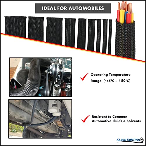 Kable Kontrol Cable Sleeve Expandable Nylon Braided Sleeving - 1/2” Inch – 50’ Feet – Automotive Wire Loom, Cable Wrap, Cord Protector from Pets, Cable Management - Black - size: 0.50" - 50' Feet