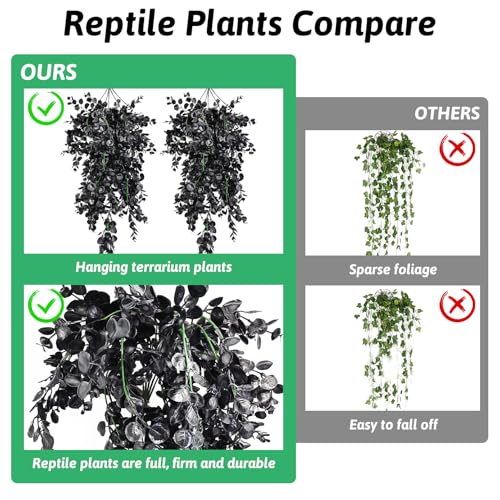 Hamiledyi 6 PCS Reptile Plants, Hanging Terrarium Plants, Artificial Leaves Habitat Decorations with Suction Cup, Fake Amphibian Plants for Bearded Dragon Lizard Hermit Crab Geckos Chameleon(Black) - size: 6 PCS