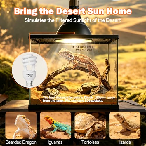 UVB Light for Reptiles 10.0: Bearded Dragon UVB Light for Desert Habitats,15W UVA UVB Reptile Light Bulb for Lizards Tortoises,Terrarium Compact Fluorescent Lamp-UVB Bulbs with Free UV Sensor Card - size: 5.5INCH-10.0