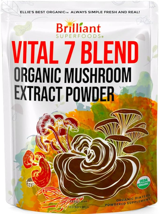 Ellie's Best 7 Mushroom Powder Extract Blend Supplement Organic 114 Servings High Potency Double Extracted Cordyceps, Reishi, Turkey Tail, Chaga, Lion's Mane - 4oz